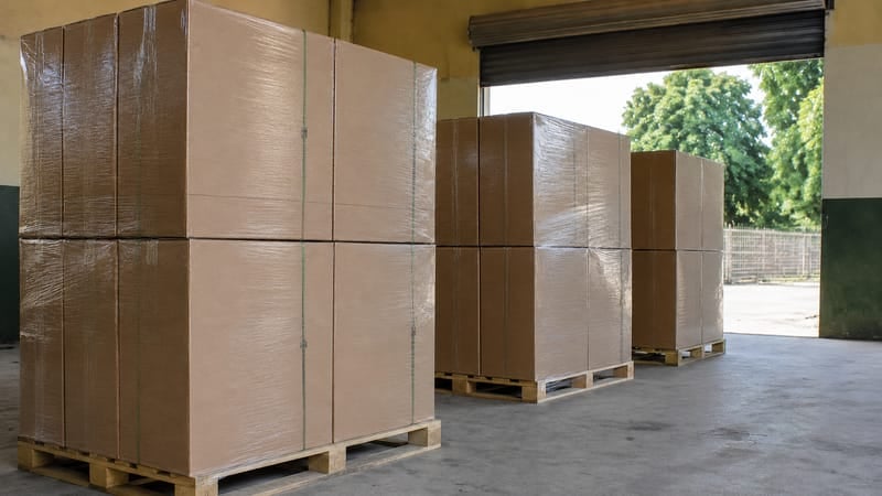 Wrapped export cartons staged on pallets before international shipment
