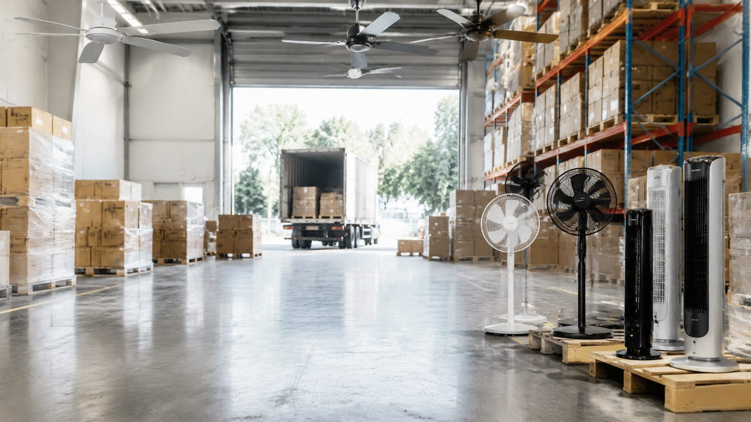 Fans and export cartons arranged in a China warehouse for international supply