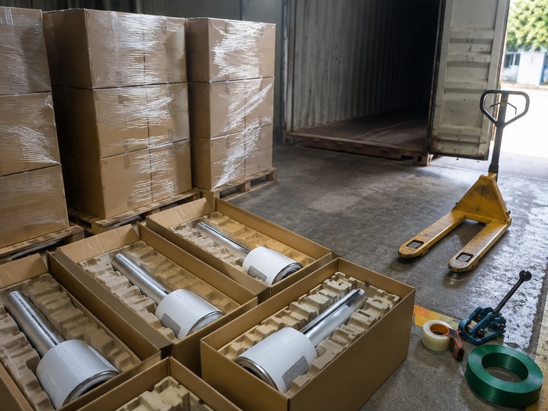 Packed bladeless fans and palletized cartons beside a loading container