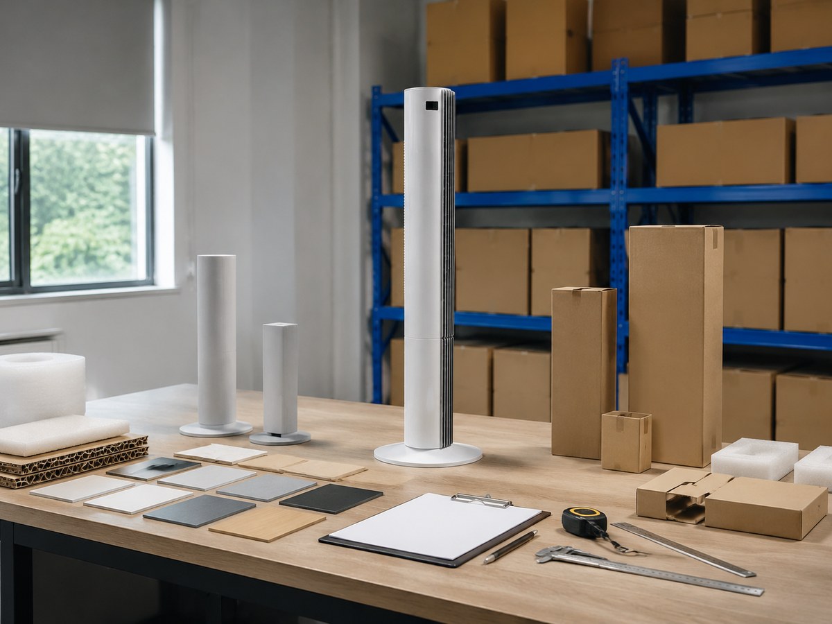 Tower fan, finish samples, packaging, and measurement tools on a planning table
