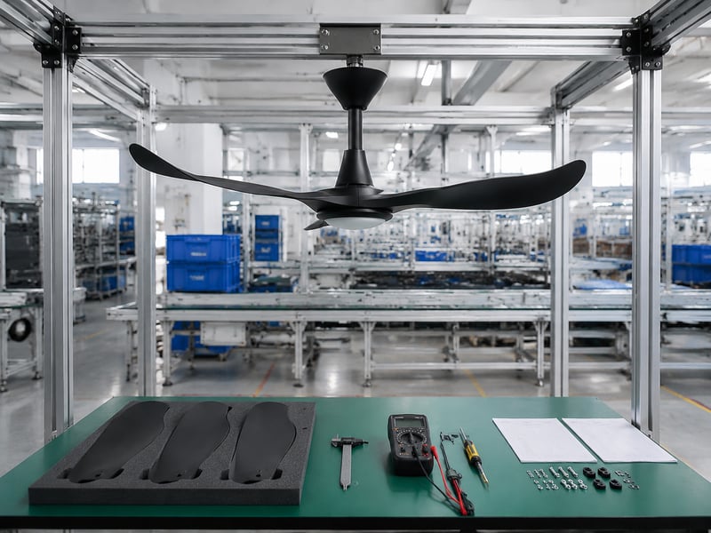 Ceiling fan components and test instruments arranged at an inspection station